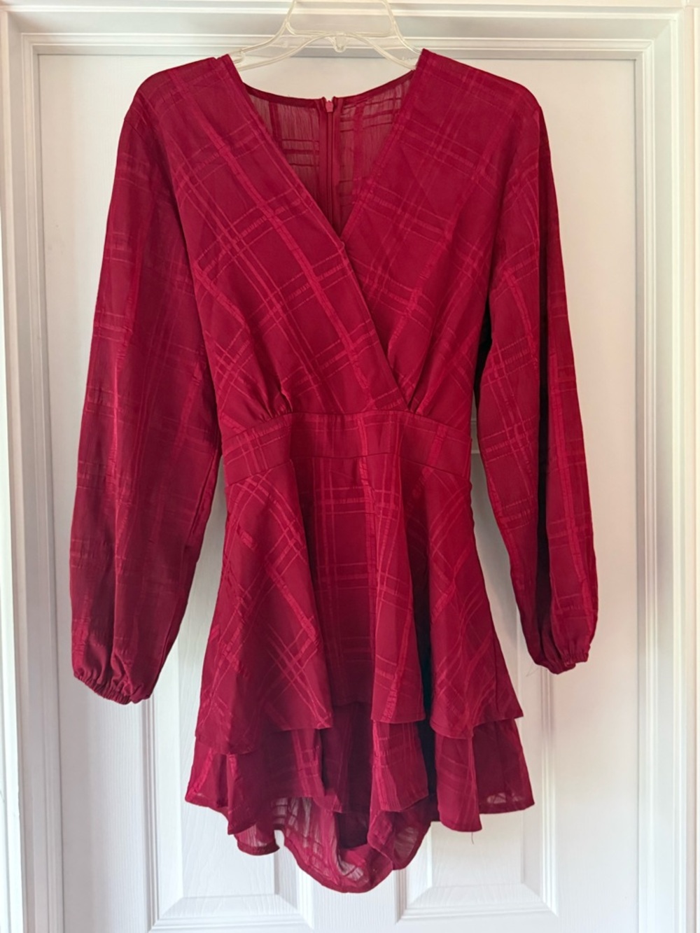 Red V-Neck Long Sleeve Ruffled Romper